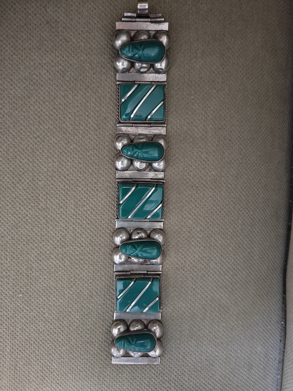 Vintage Green Onyx 1940's Mexican Tribal Mask Link Sterling Bracelet